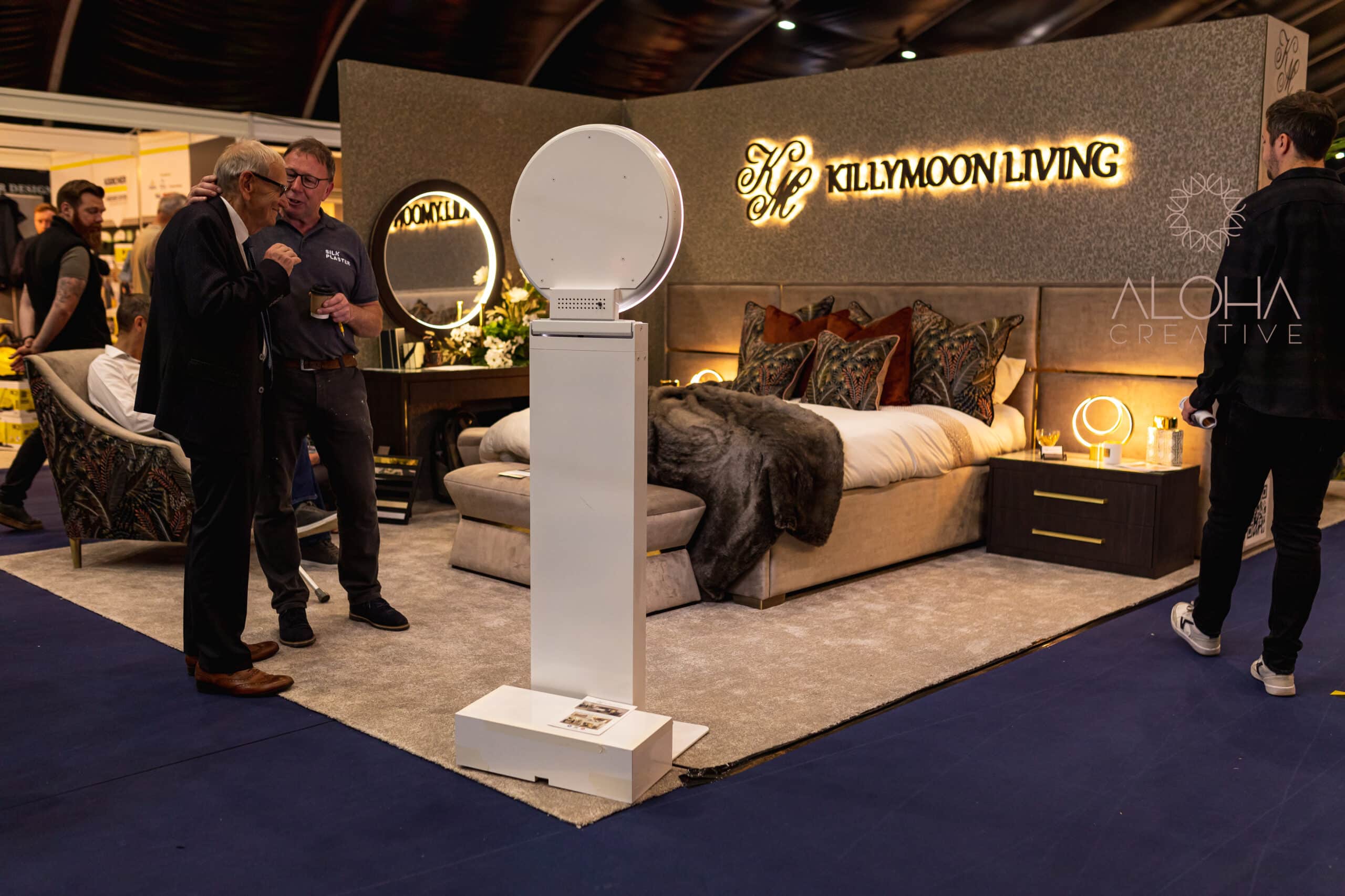 Indoor venue with corporate branding and event setup