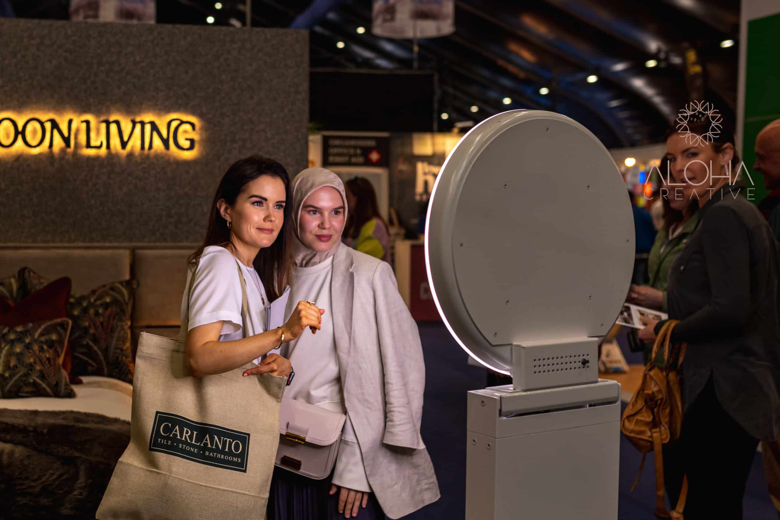 Indoor venue with corporate branding and event setup