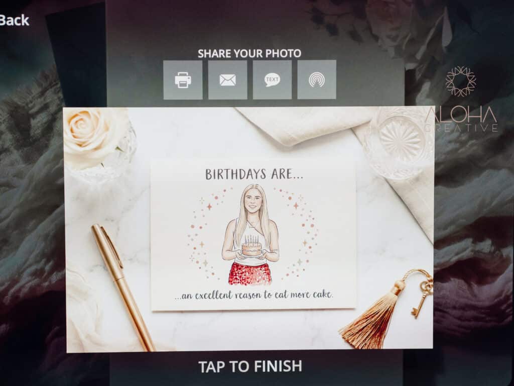 Landscape AI illustrated birthday card of a guest holding a cake with candles on a photo booth sharing screen in Charlotte, NC