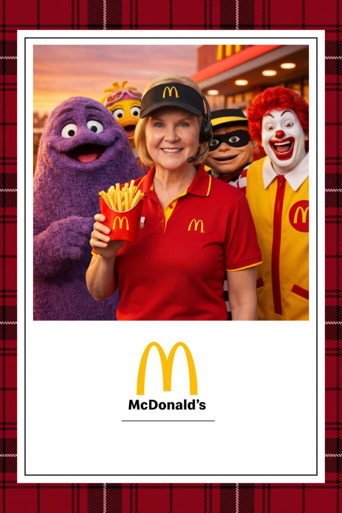 AI Photo Booth rental experience featuring a smiling attendant in a red McDonald's uniform holding fries, surrounded by playful characters like Grimace, Ronald McDonald, and others, set against a vibrant event backdrop.