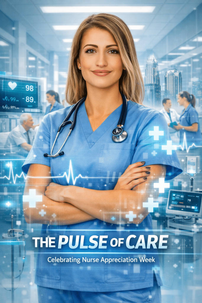 Nurse in scrubs with stethoscope, smiling confidently, surrounded by digital health metrics and hospital setting, celebrating Nurse Appreciation Week in Charlotte.