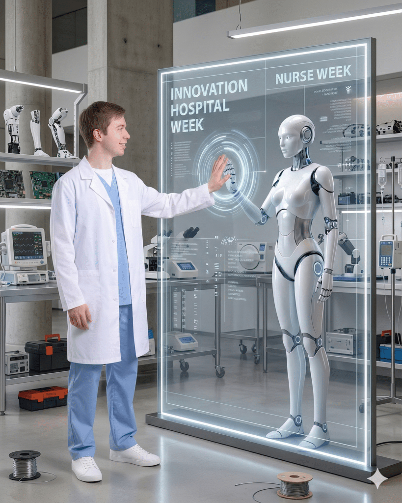 Medical professional interacting with a holographic robot in a modern healthcare setting, emphasizing innovation for Hospital Week celebrations.