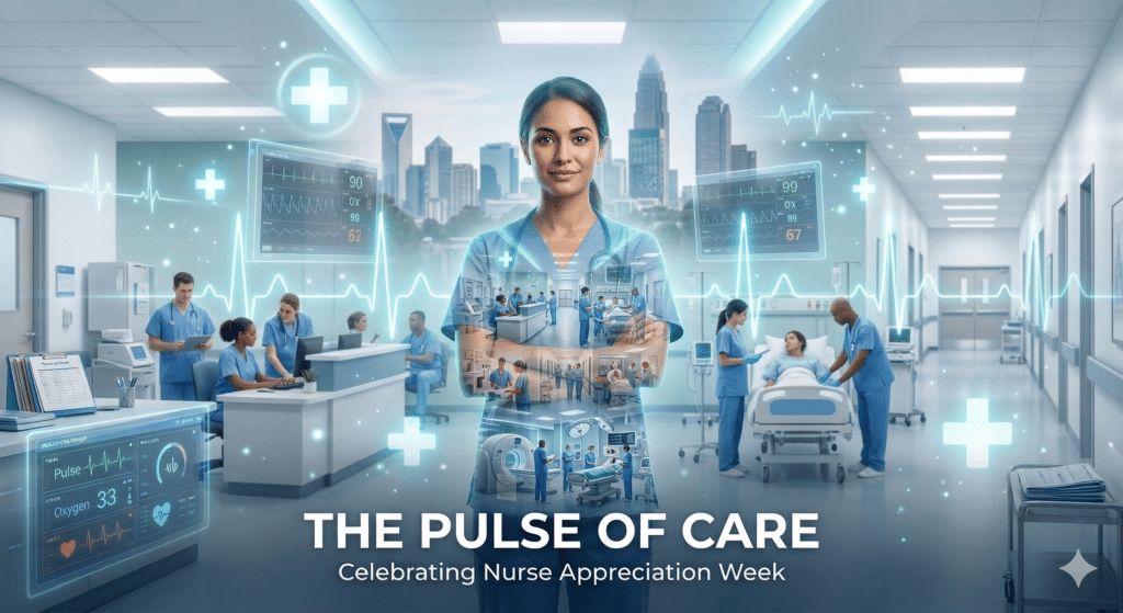 Nurse in a healthcare setting with digital health data overlays, symbolizing care and technology during Nurse Appreciation Week in Charlotte.