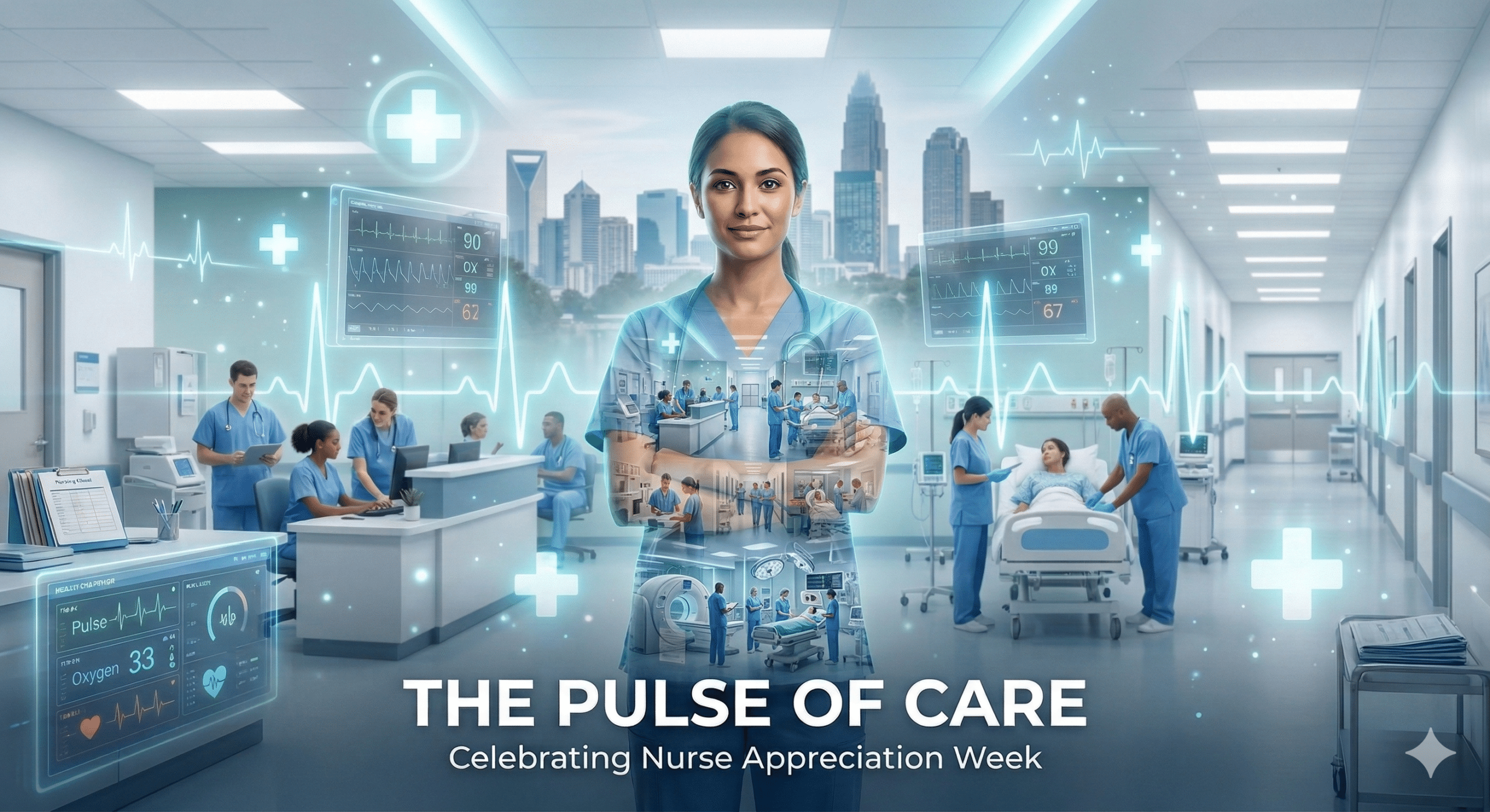 Healthcare professionals in a hospital setting, showcasing nurse appreciation with a focus on patient care, technology, and teamwork, featuring a nurse in scrubs with a city skyline backdrop, emphasizing the importance of nurses during Nurse Appreciation Week.