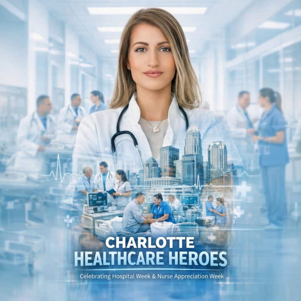 Charlotte Healthcare Heroes portrait celebrating Hospital Week and Nurse Appreciation Week, featuring a healthcare professional with a stethoscope, surrounded by images of medical staff and city skyline, highlighting teamwork and appreciation in healthcare.