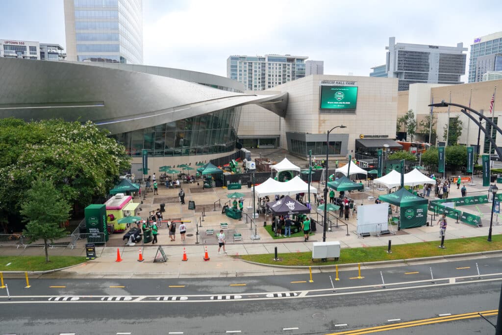 Wide view of an outdoor corporate brand activation footprint at the NASCAR Hall of Fame in Charlotte, NC