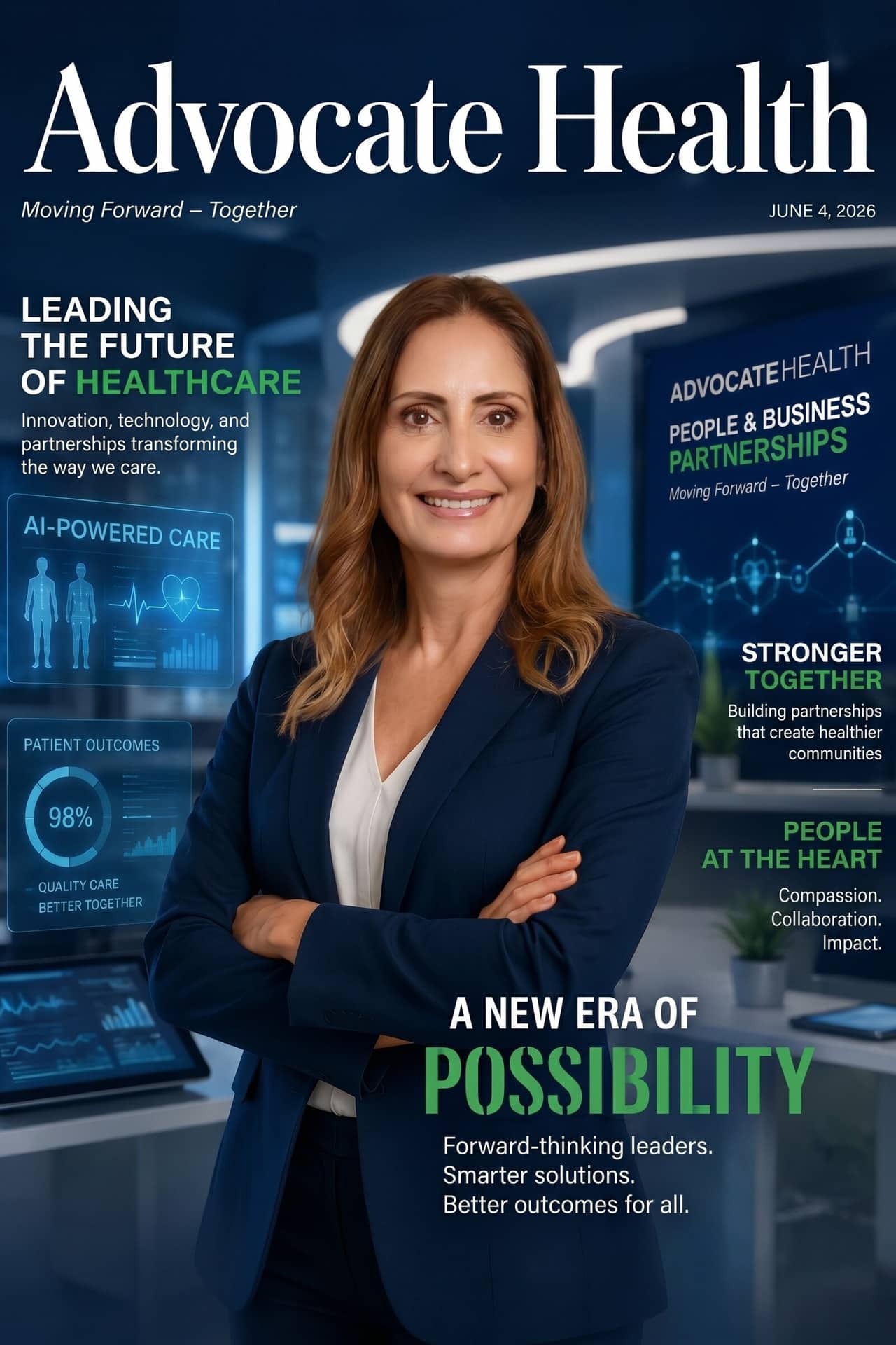 Custom AI photo booth magazine cover featuring an Advocate Health leader at an Atrium Health conference in Charlotte NC