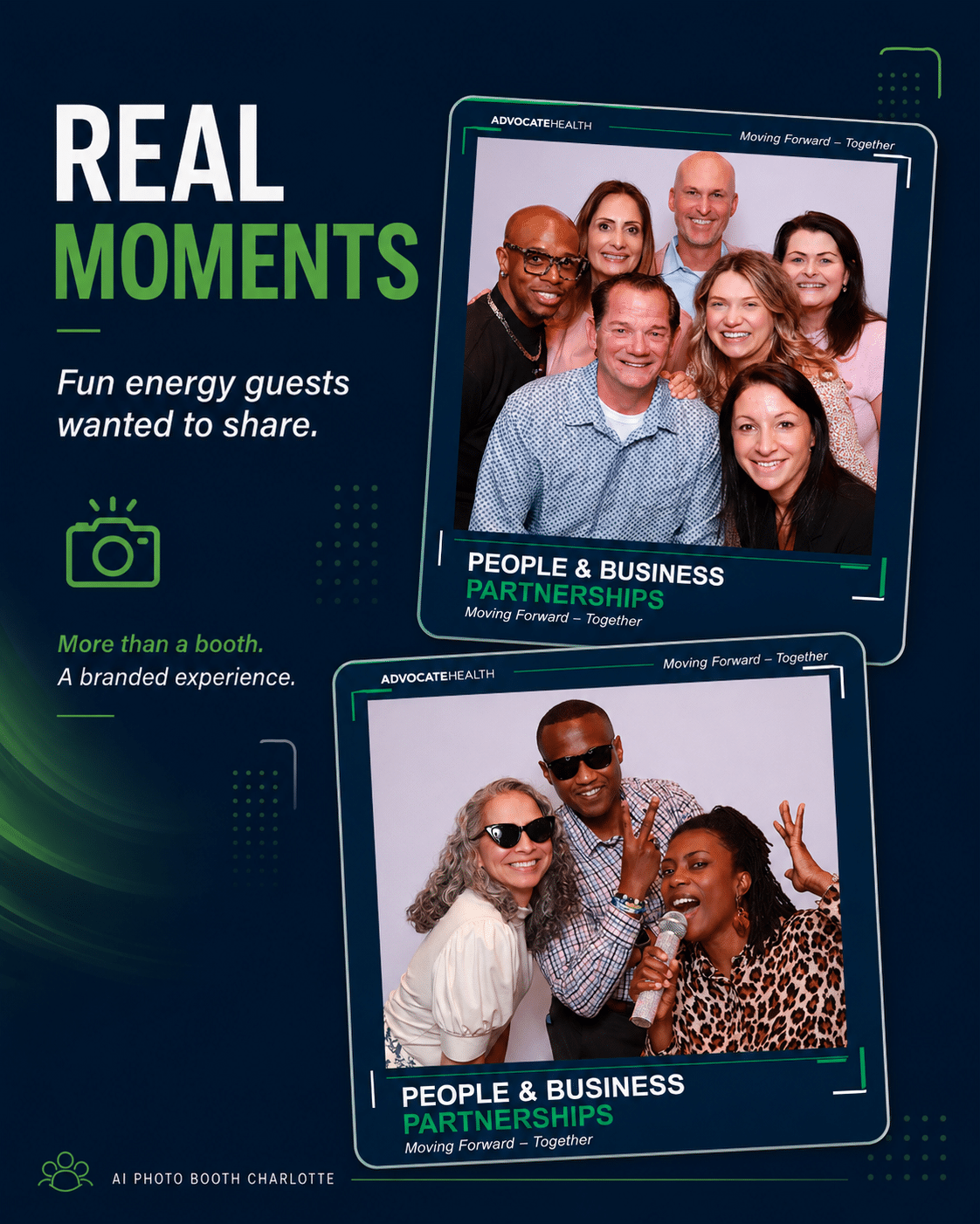Atrium Health team members sharing real moments at the Aloha Creative AI photo booth during their HR conference in Charlotte NC
