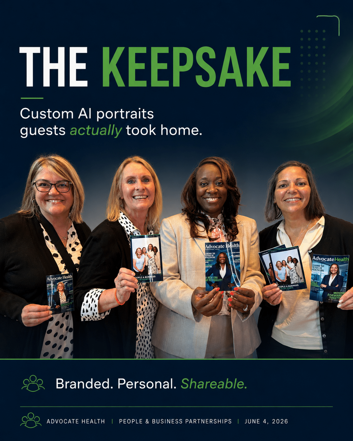 Custom AI photo booth keepsake prints held by Atrium Health nurse appreciation attendees in Charlotte NC