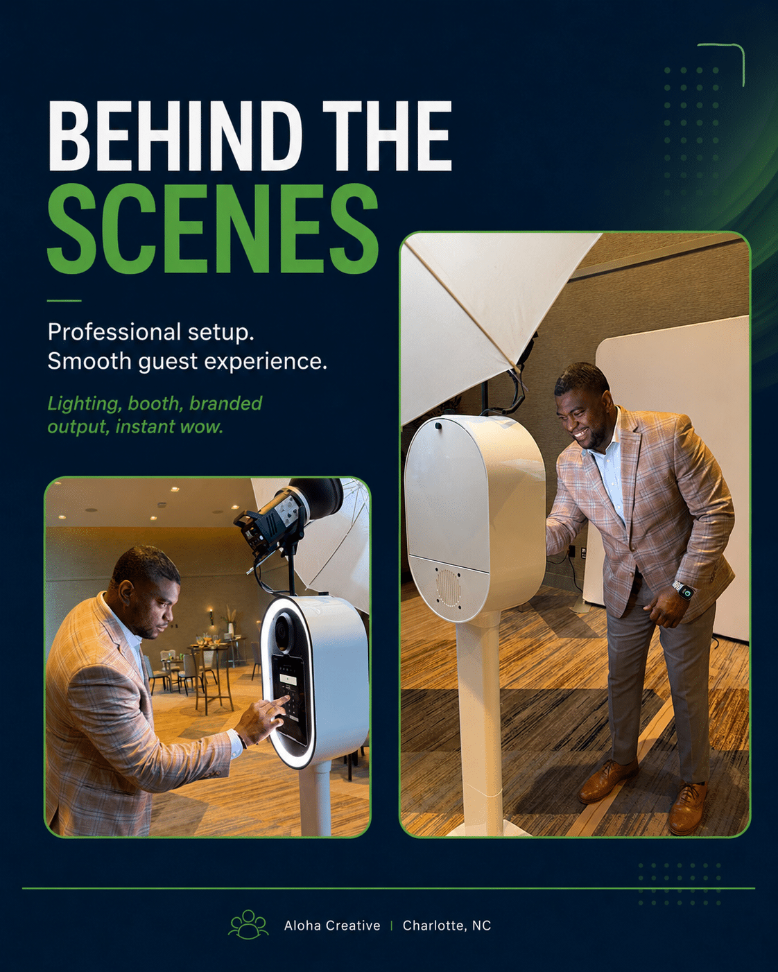 Behind-the-scenes look at the Aloha Creative branded AI photo booth setup at an Atrium Health HR conference in Charlotte NC